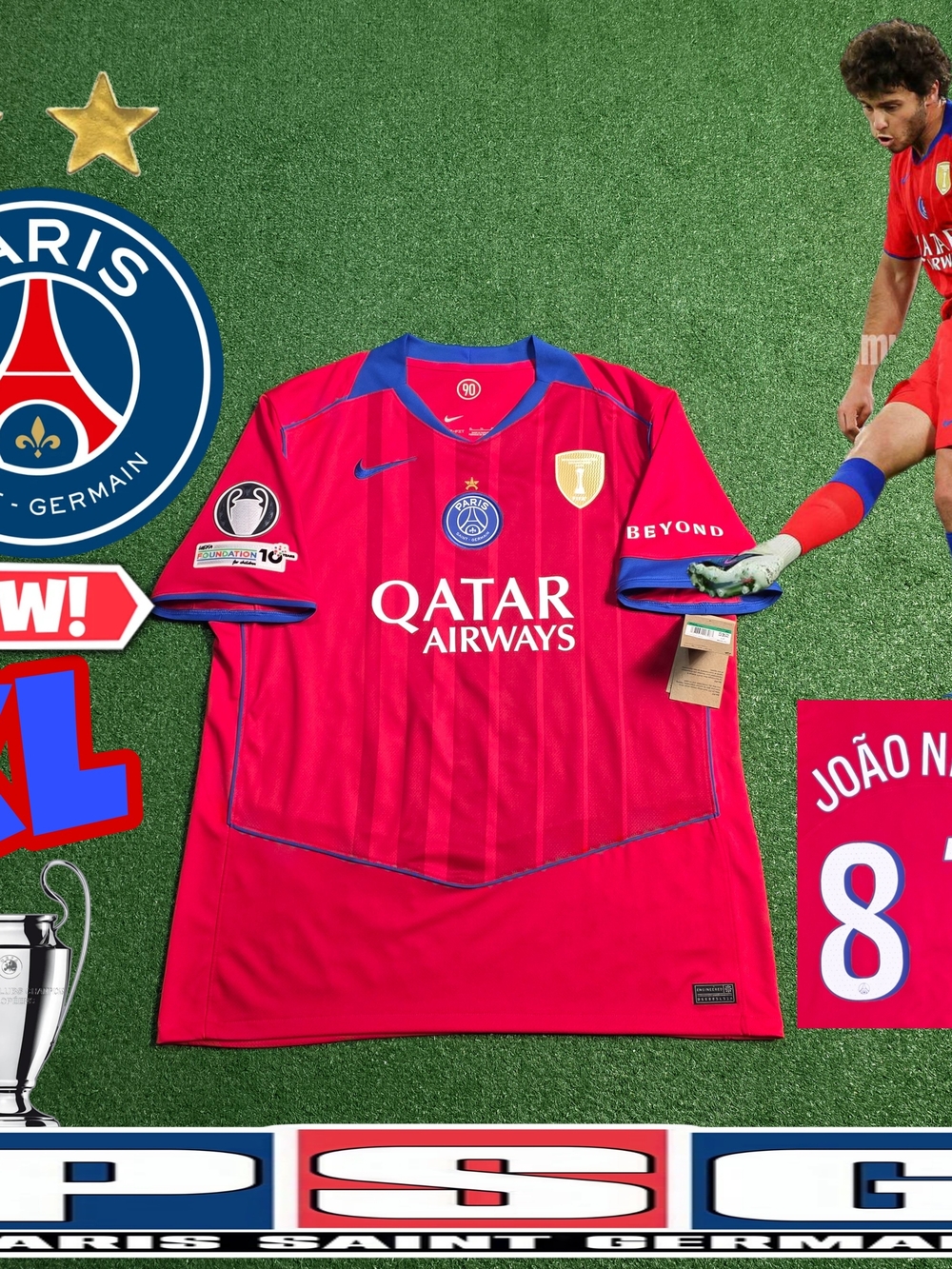 Nike PSG Joao Neves #87 2025/2026 Third Red Total 90 Jersey UCL Patches New XL